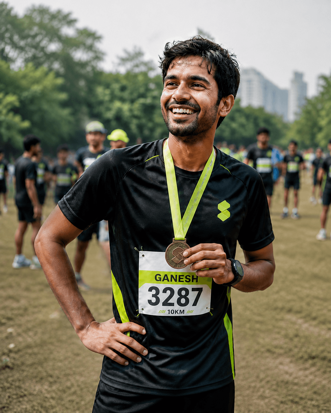 A Stepout2play participant celebrating a community run with his medal
